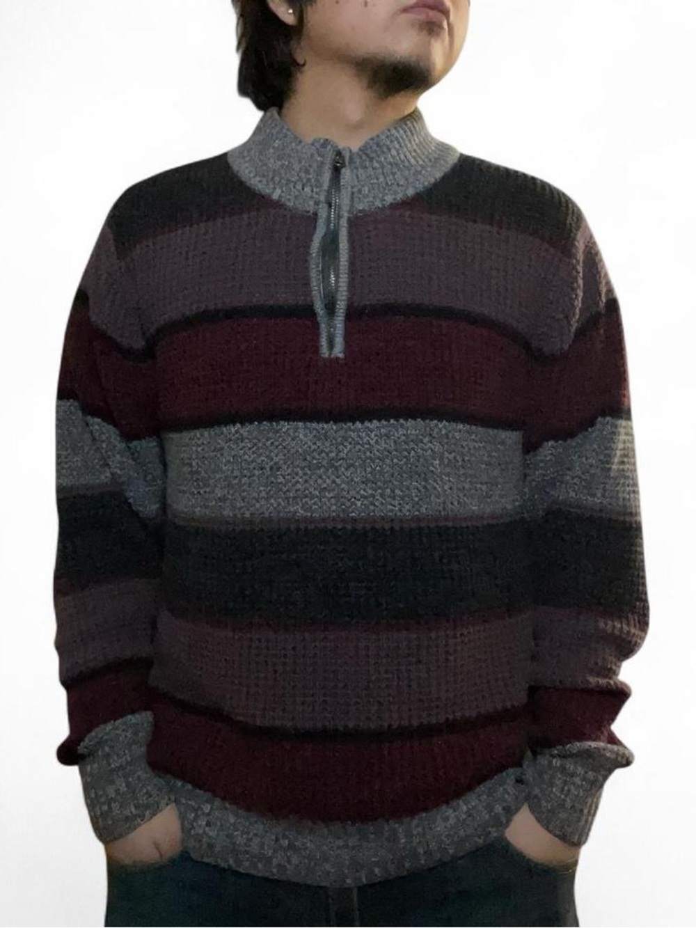 Carbon Men's Size Small Multi-Color Striped 1/4 Zip Waffle Knit‎ Sweater